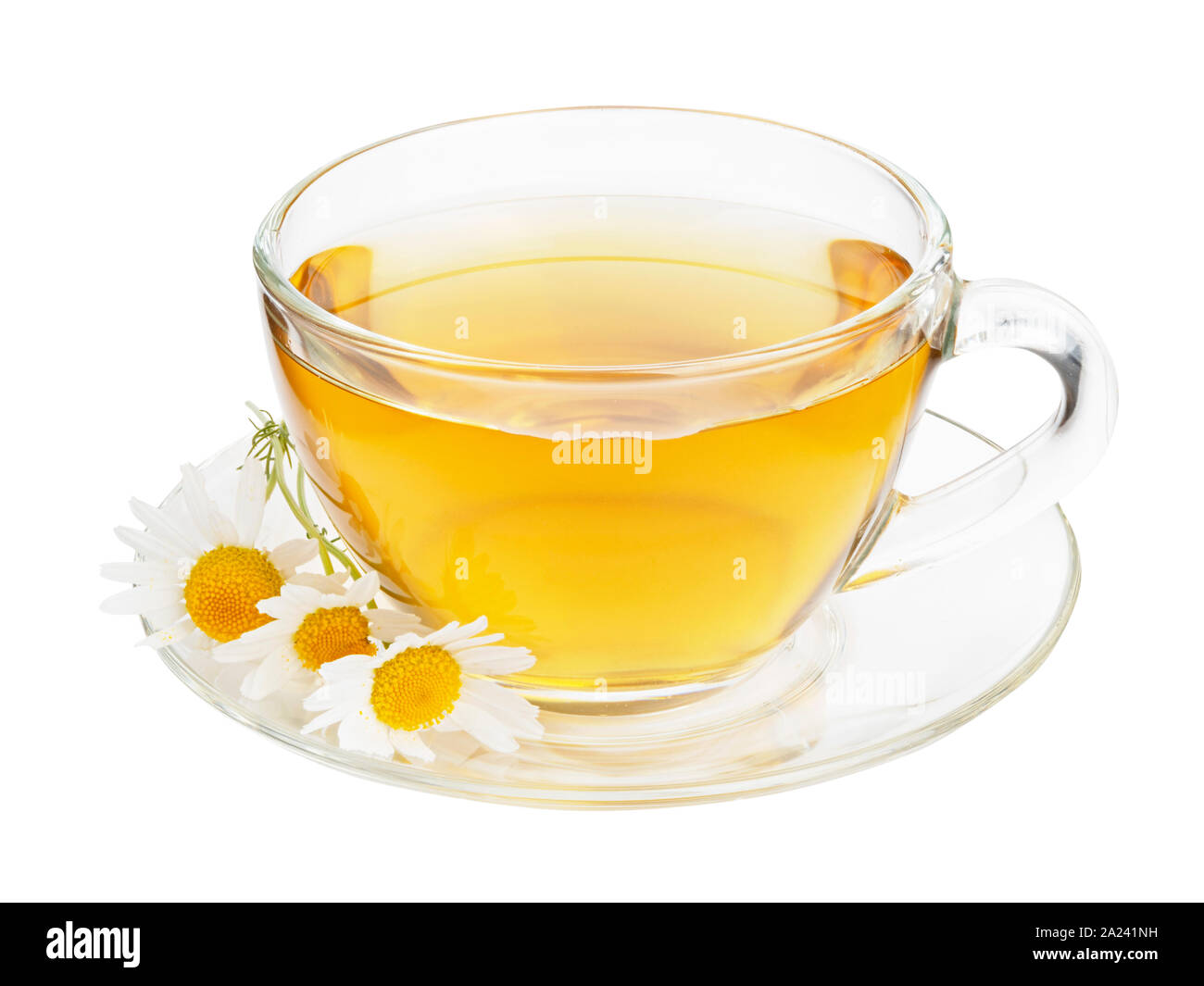 Glass cup of herbal tea with chamomile flowers isolated on white ...
