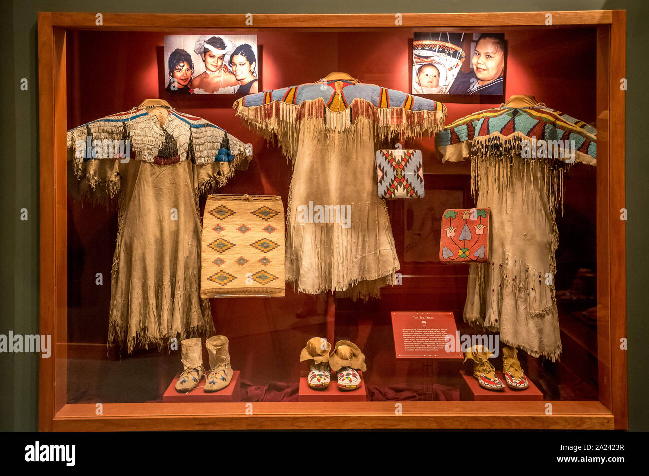 Plateau Native American tail dresses and women's tribal styles on display at the High Desert Museum in Bend, Oregon. Stock Photo