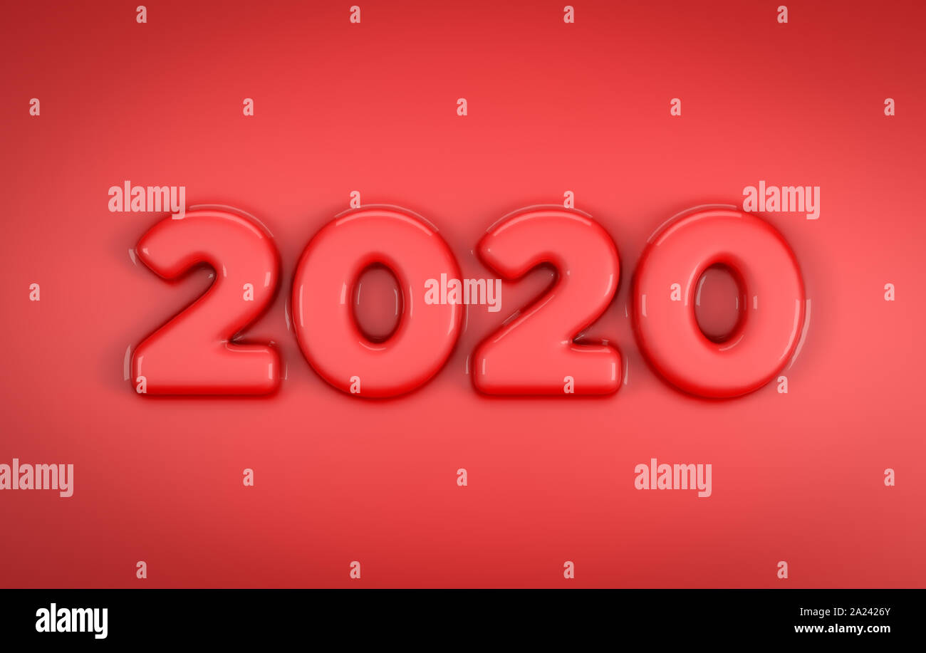 3D Illustration of 2020 in red color. Smooth beveled text with reflections. Ideal for Happy New Year 2020 Graphics. Stock Photo