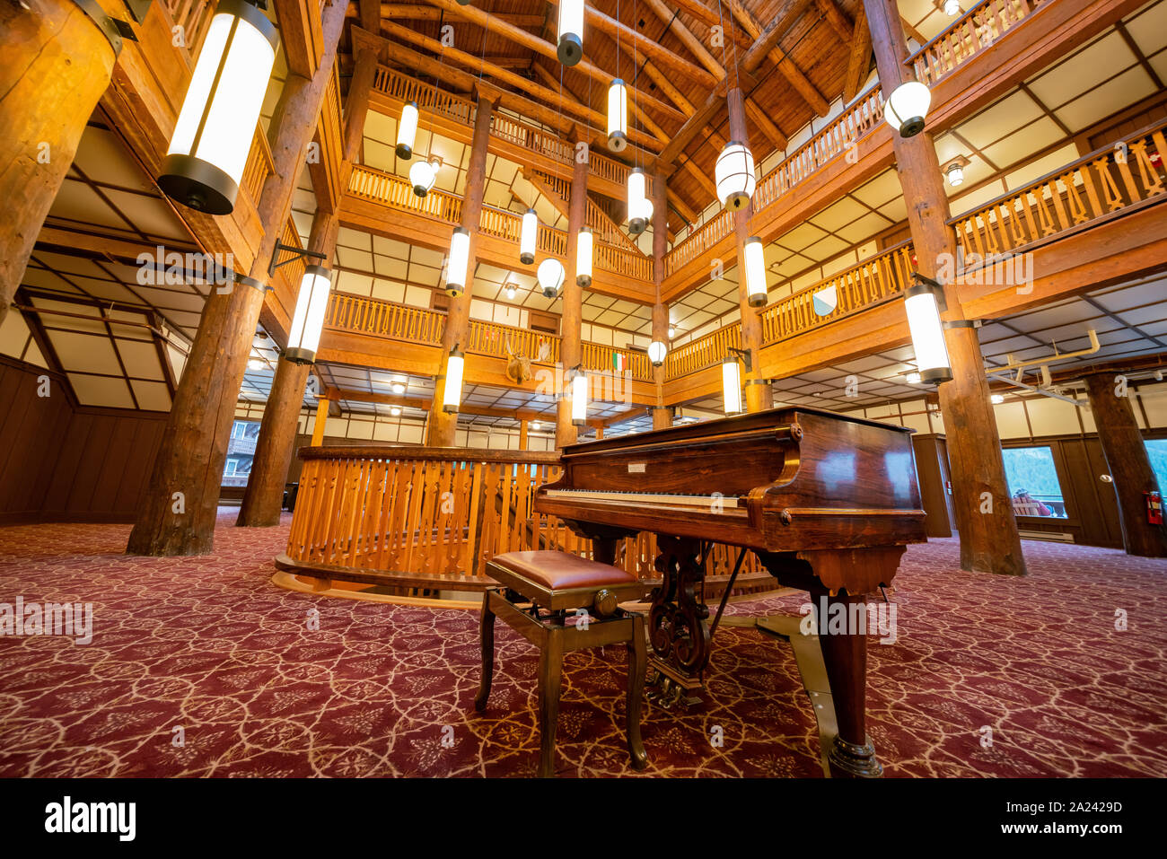 Montana, AUG 25: Interior view of the Many Glacier Hotel of the famous Glacier National Park on AUG 25, 2019 at Montana Stock Photo