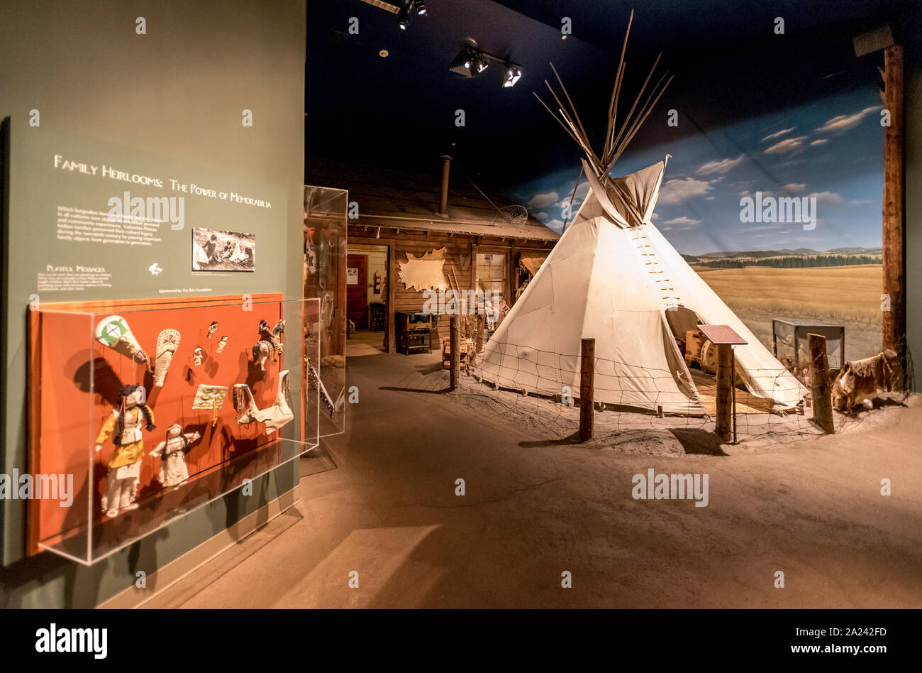 Example of a Plateau Native American teepee or tipi on display in an exhibit at the High Desert Museum in Bend, Oregon. Stock Photo