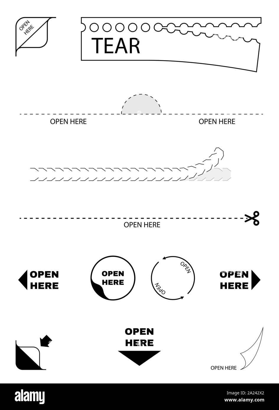 Open here package icons. Paper box tear, cut. open here sign. Sticker symbol. Scissors line. Vector Stock Vector