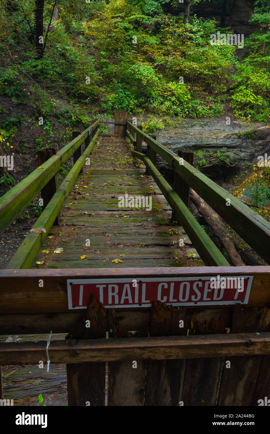 Trail closed sign on wooden bridge. Starved Rock State Park, Illinois