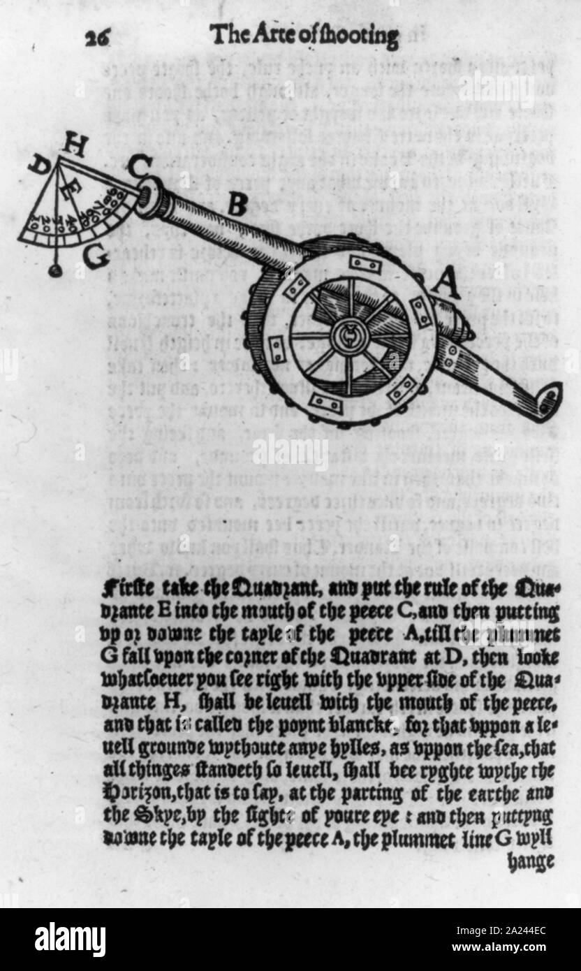 Page 26 from the Art of shooting in great ordnaunce... written by William Bourne. Imprinted at London for Thomas Woodcocke, 1587 Stock Photo