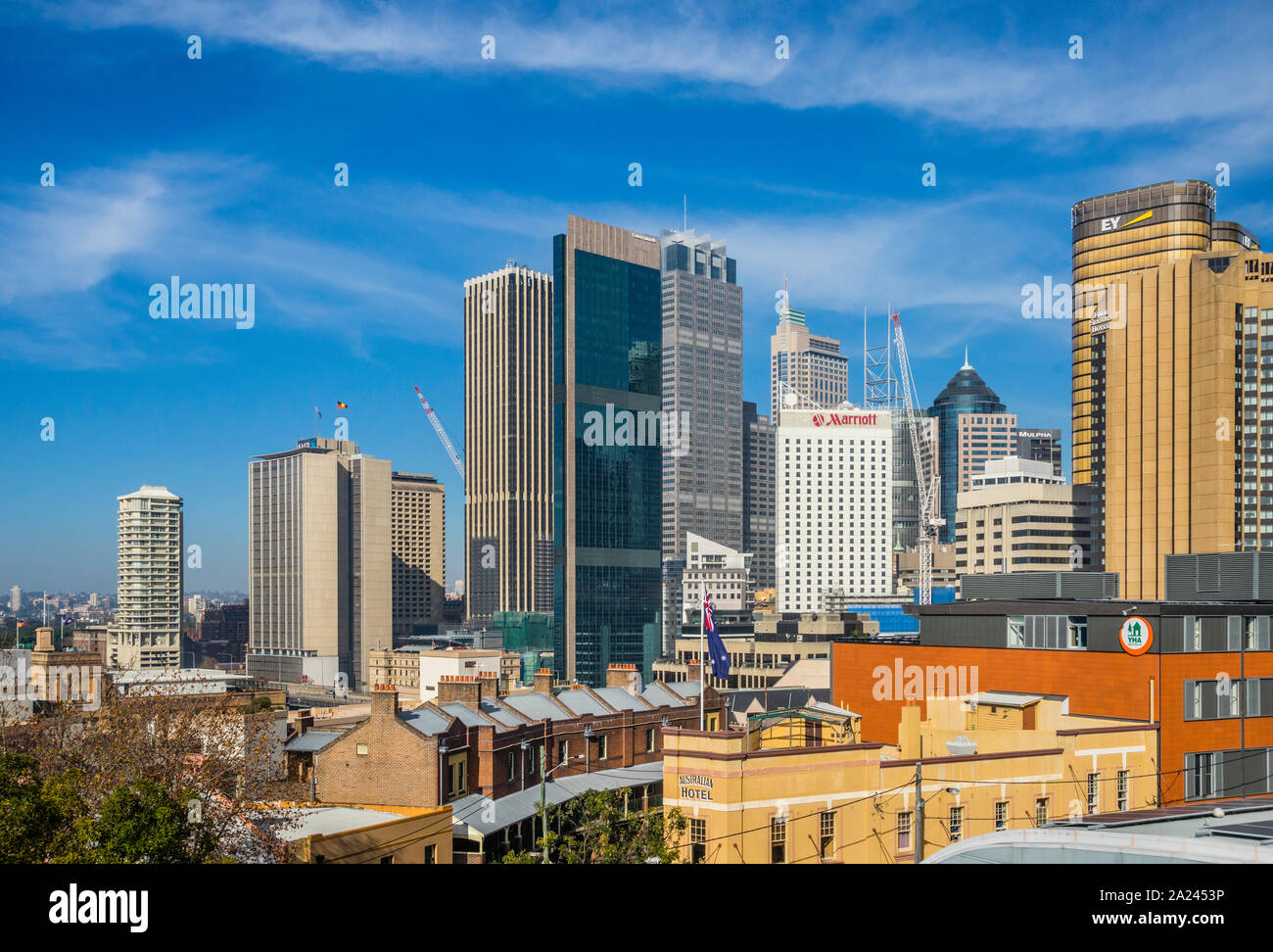 view of Sydney CBD highrise over the roofs of the historic Rocks precinct, Sydney, New South Wales, Australia Stock Photo