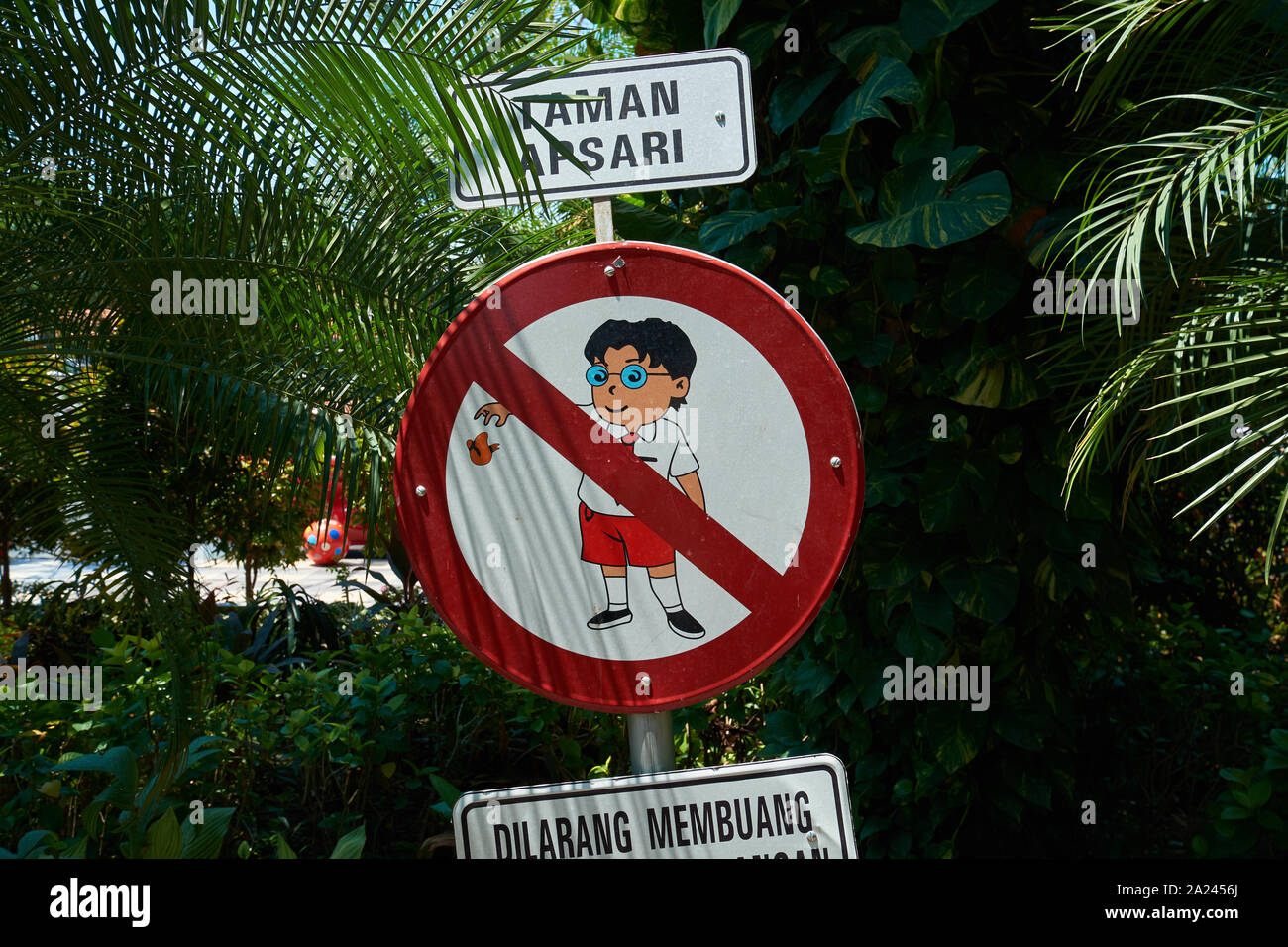 A no littering sign in a park  in Surabaya, Indonesia. Stock Photo