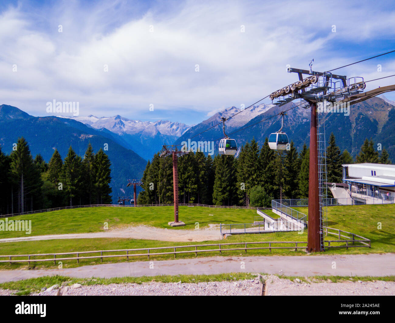 View of the Pra Rodont cableway station, Pinzolo, Dolomites, Italy Stock Photo