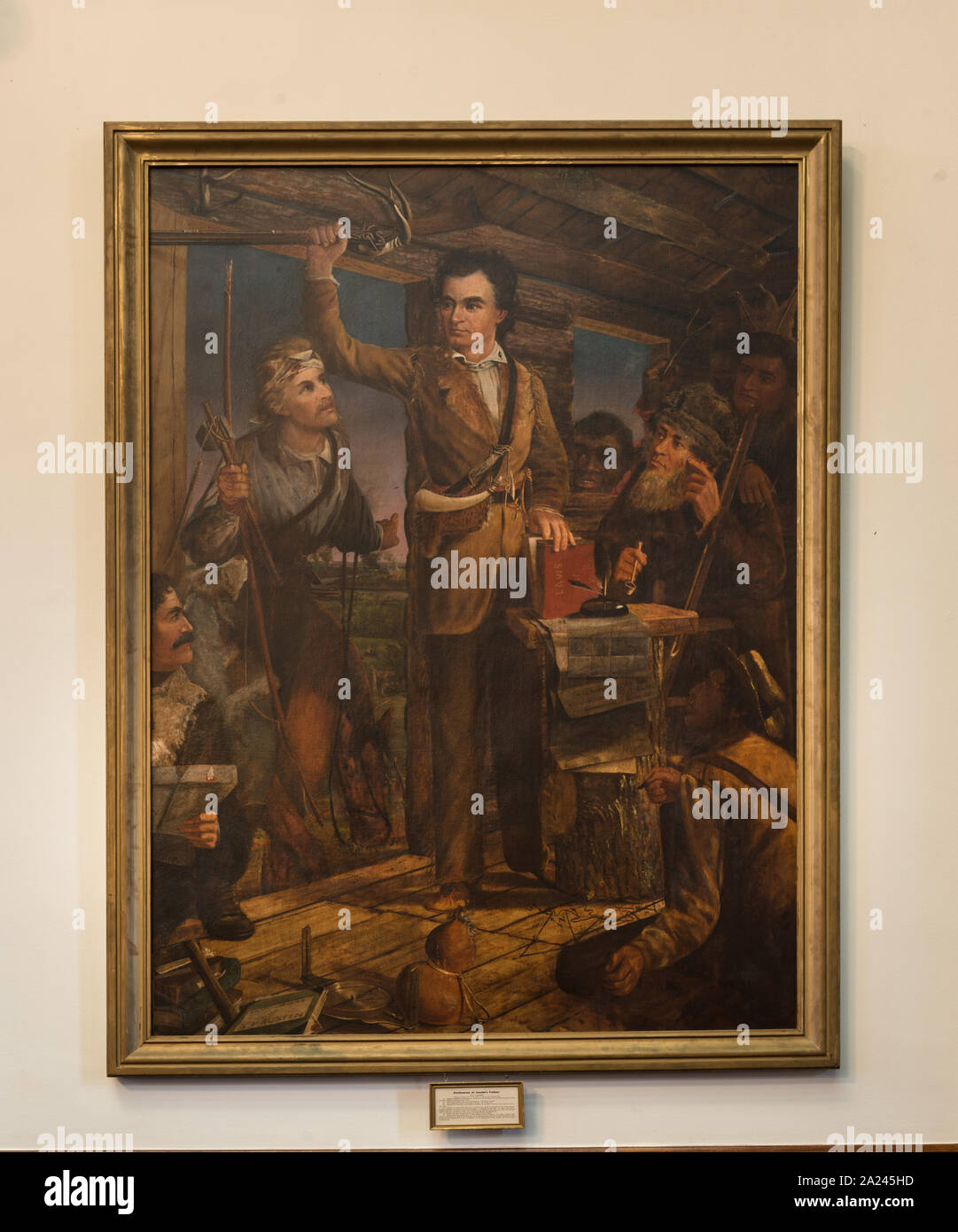 Painting, The Settlement of Austin's Colony, by Henry Arthur McArdle, in the House of Representatives chamber in the Texas Capitol. Stephen F. Austin is shown rallying his colonists against the Karankawa Indians around 1824, as an unnamed scout comes to the cabin door to sound the alarm Stock Photo
