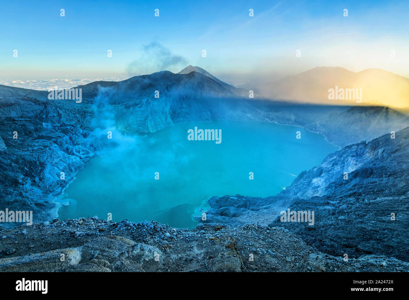 Aerial View of Kawah Ijen - Early in the Morning. A group of composite volcanoes in the Banyuwangi Regency of East Java, Indonesia Stock Photo