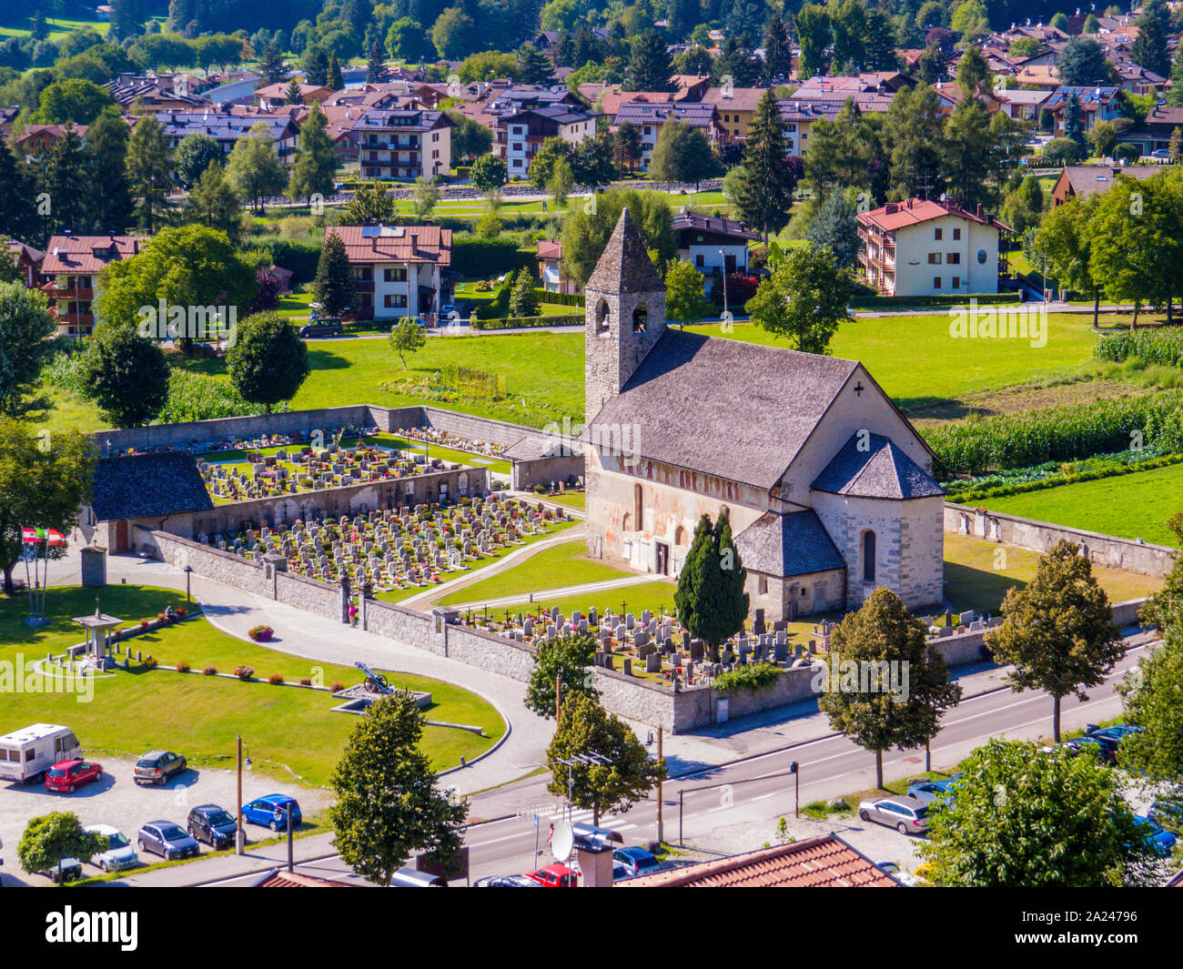Aerial view of San Vigilio Church and Cemetery in Pinzolo, Trentino-Alto Adige, Dolomites, north Italy Stock Photo