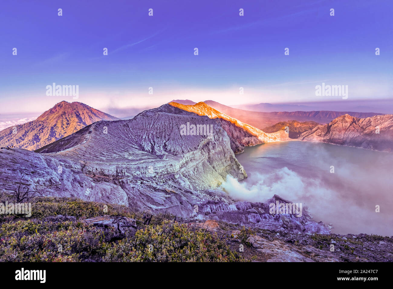 Aerial View of Kawah Ijen - Early in the Morning. A group of composite volcanoes in the Banyuwangi Regency of East Java, Indonesia Stock Photo