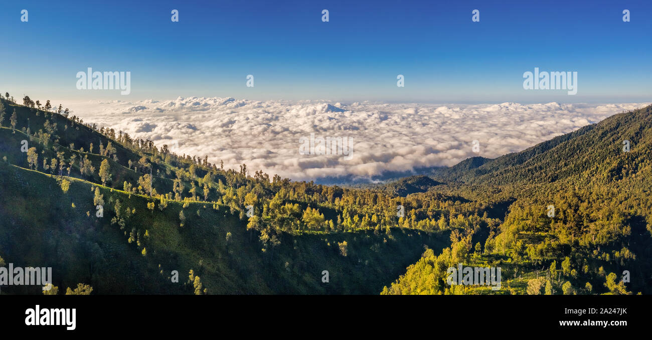 Aerial View of panorama Kawah Ijen - Early in the Morning. A group of composite volcanoes in the Banyuwangi Regency of East Java, Indonesia Stock Photo