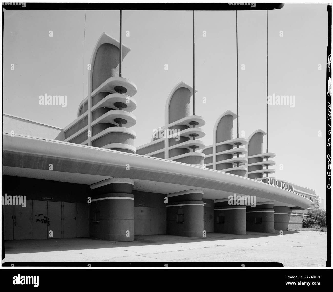 MAIN ENTRANCE, TAKEN FROM NORTHWEST, CLOSER - Pan-Pacific Auditorium, 1600 Beverly Boulevard, Los Angeles, Los Angeles County, CA; Stock Photo