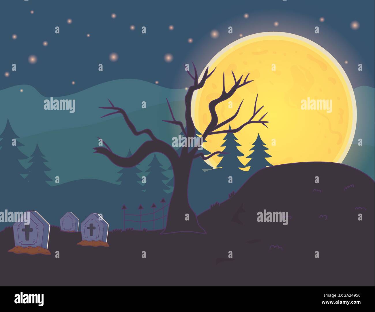 cemetery tombstones tree night moon trick or treat happy halloween ...