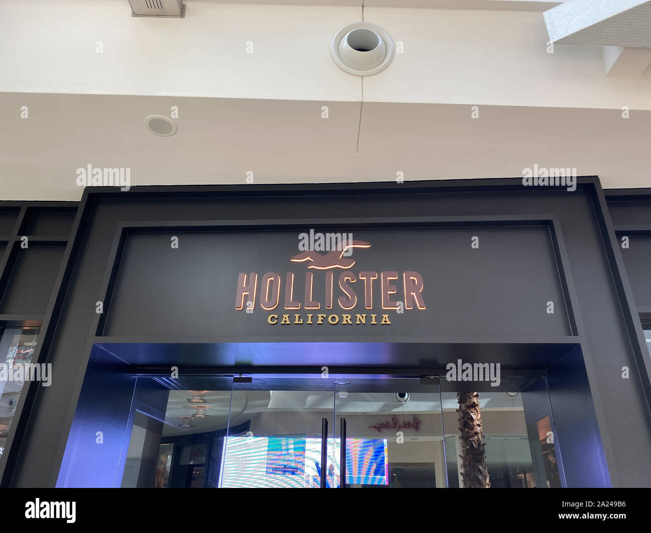 Orlando,FL/USA-9/30/19: A Hollister clothing retail store in an indoor mall.  Hollister is an American lifestyle brand aimed at teenagers. Stock Photo