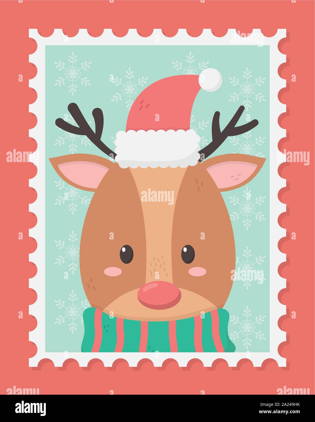 cute reindeer with hat celebration happy christmas stamp vector ...