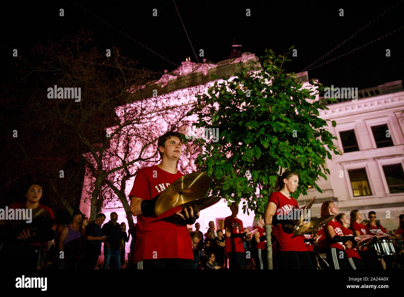 The IU Marching Hundred Drumline performs Heartbeat of IU in the Heart of Lotus at the Monroe County Courthouse during the Lotus World Music & Arts Festival, Saturday, September 28, 2019 in Bloomington, Indiana. Photo by Jeremy Hogan/The Bloomingtonian) Stock Photo