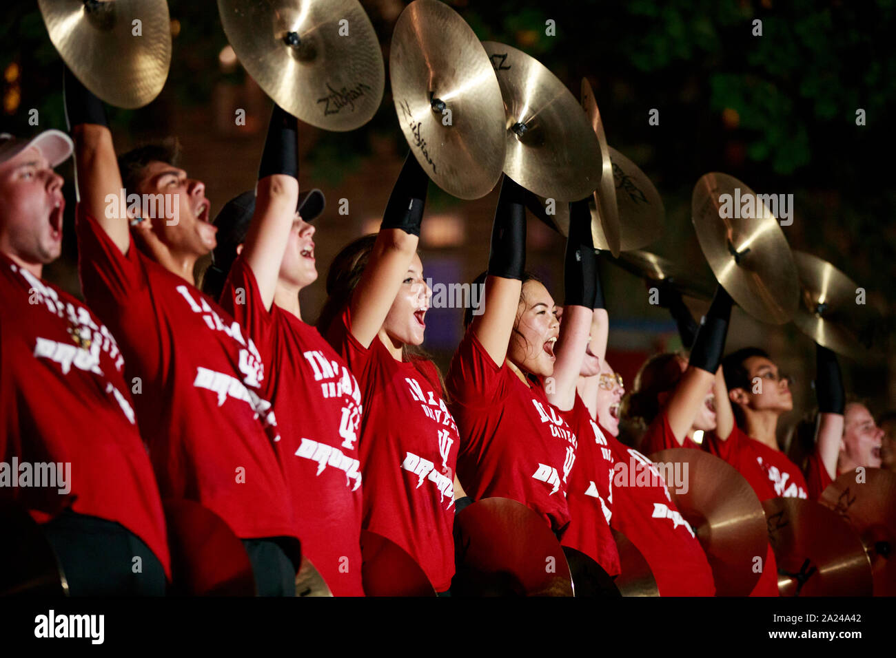 The IU Marching Hundred Drumline performs Heartbeat of IU in the Heart of Lotus at the Monroe County Courthouse during the Lotus World Music & Arts Festival, Saturday, September 28, 2019 in Bloomington, Indiana. Photo by Jeremy Hogan/The Bloomingtonian) Stock Photo