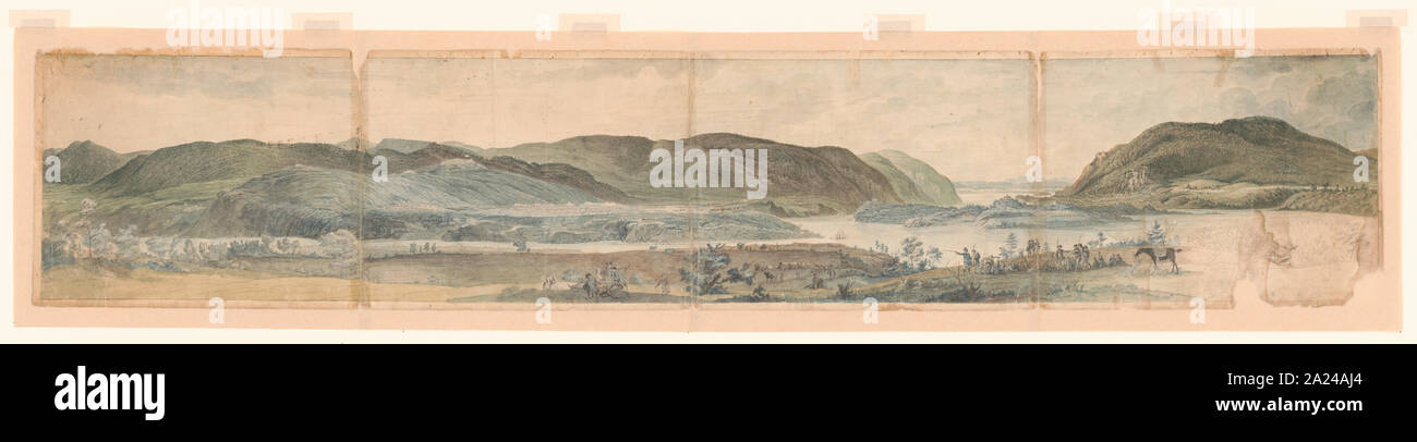 Panoramic view of West Point, New York showing American encampments on the Hudson River Stock Photo