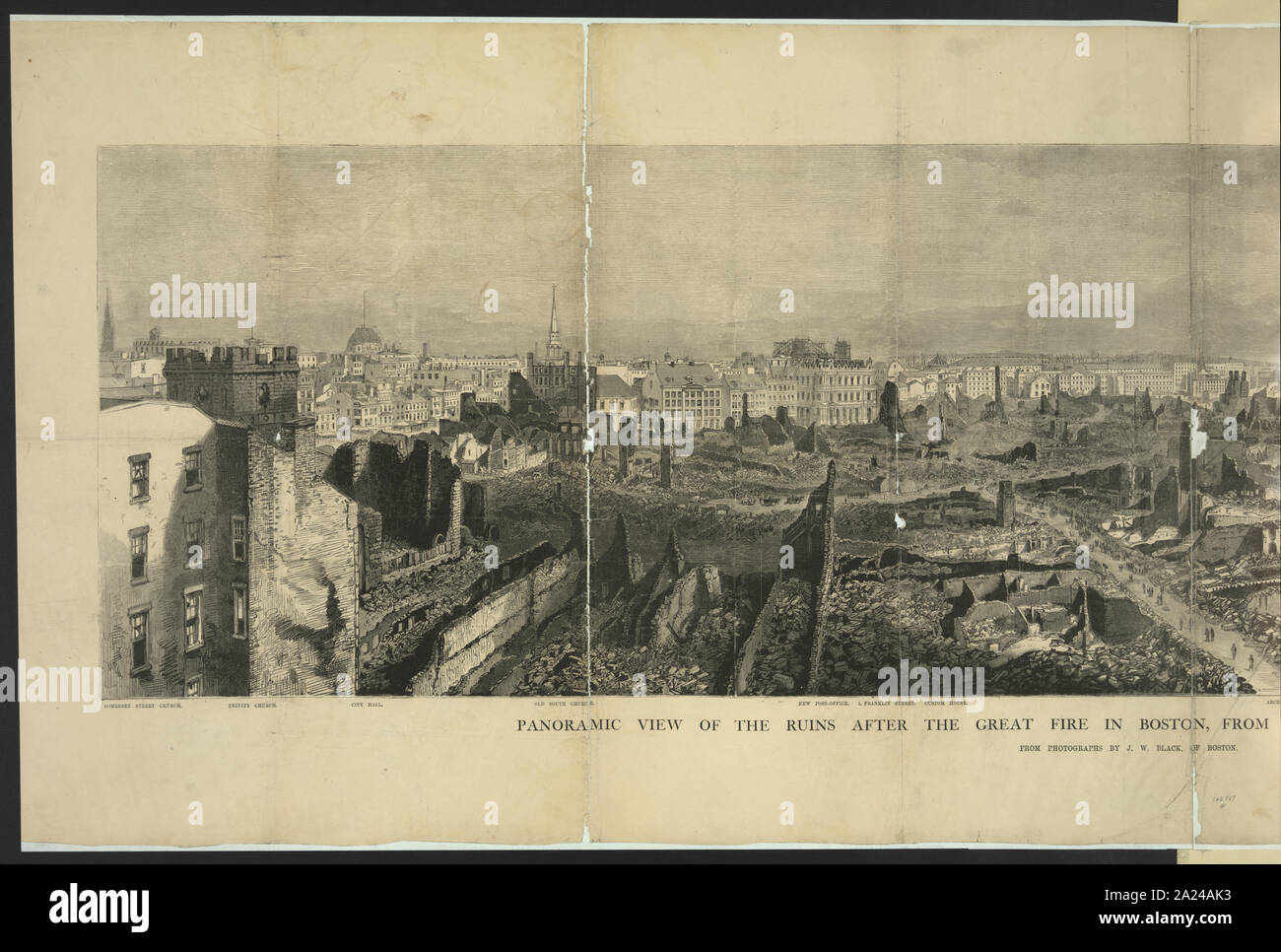 Panoramic view of the ruins after the great fire in Boston, from a point opposite Trinity Church in Summer Street Stock Photo