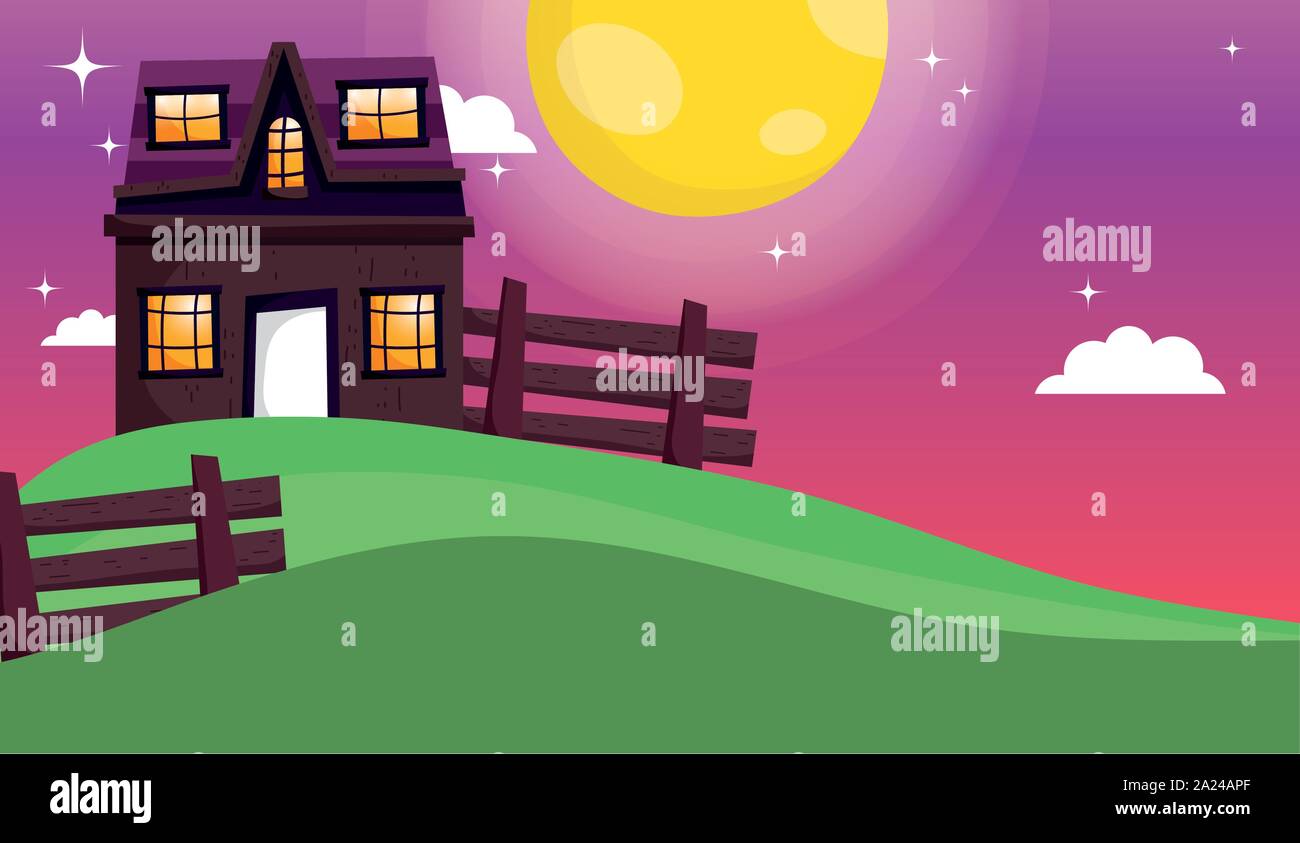 night moon sky clouds stars house fence vector illustration Stock Vector