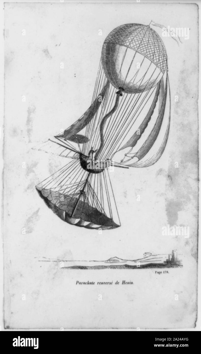 Parachute renversè de Henin; Print shows man standing in the basket of an ascending balloon which features an elaborate system of sails and a reversed parachute underneath the basket.; Stock Photo