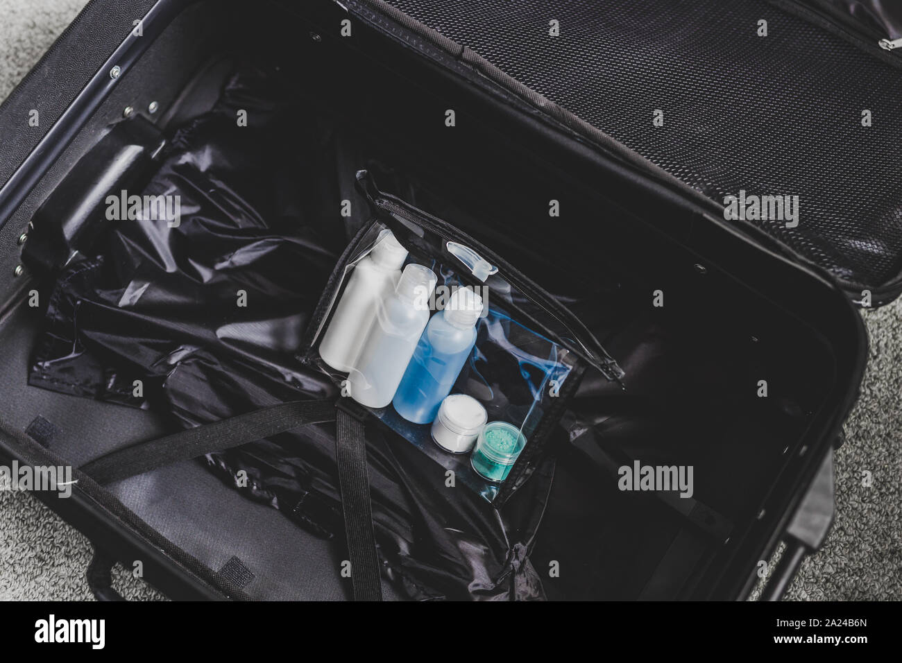 packing for a flight and airport screening concept, transparent bag