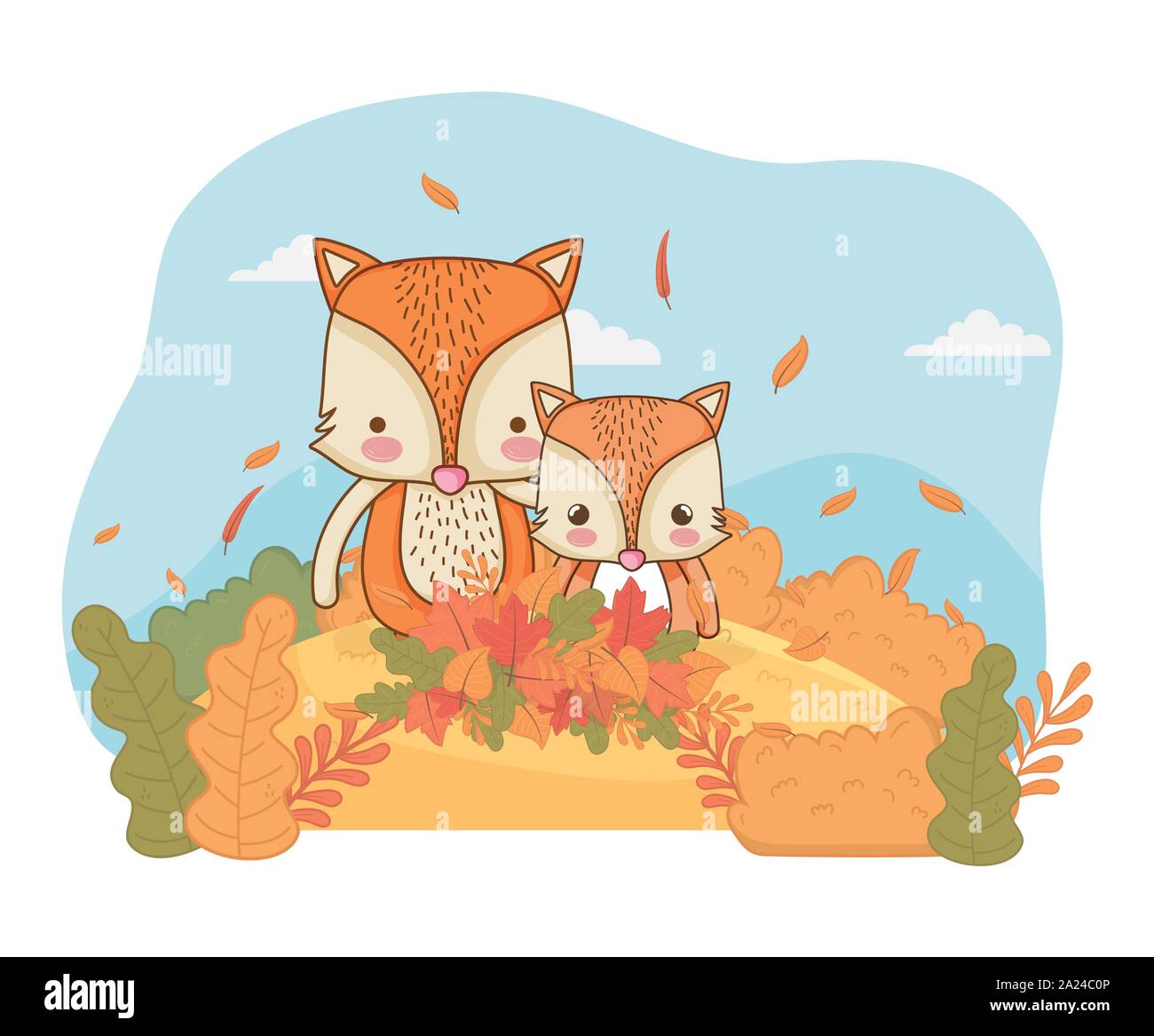 cute foxes leaves foliage hello autumn vector illustration Stock Vector ...