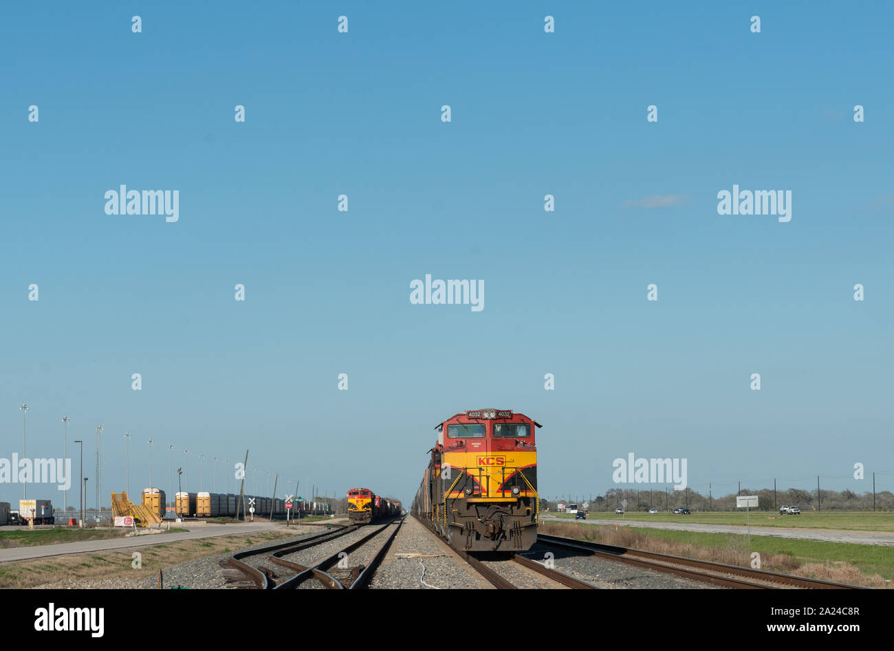 Parked freight trains at the Kansas City Southern yards in Wharton County in southeast Texas Stock Photo