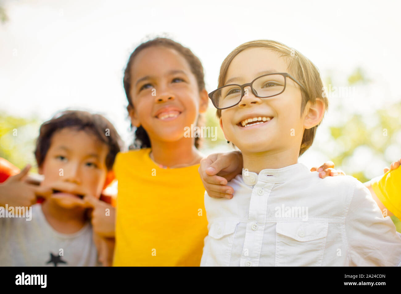 Multi-ethnic group of school kids laughing and embracing Stock Photo ...