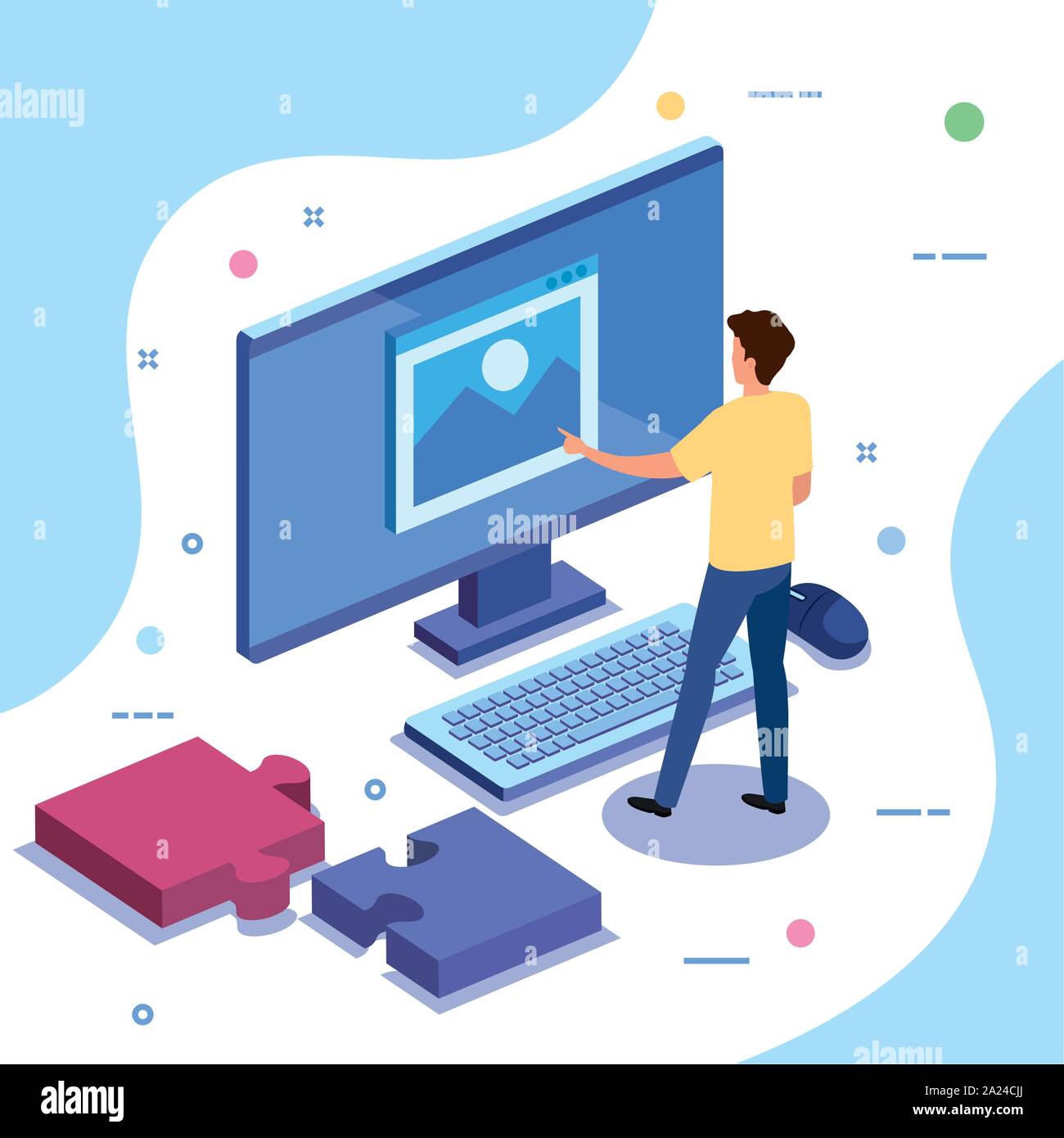 teamwork man with computer and puzzle pieces Stock Vector Image & Art ...