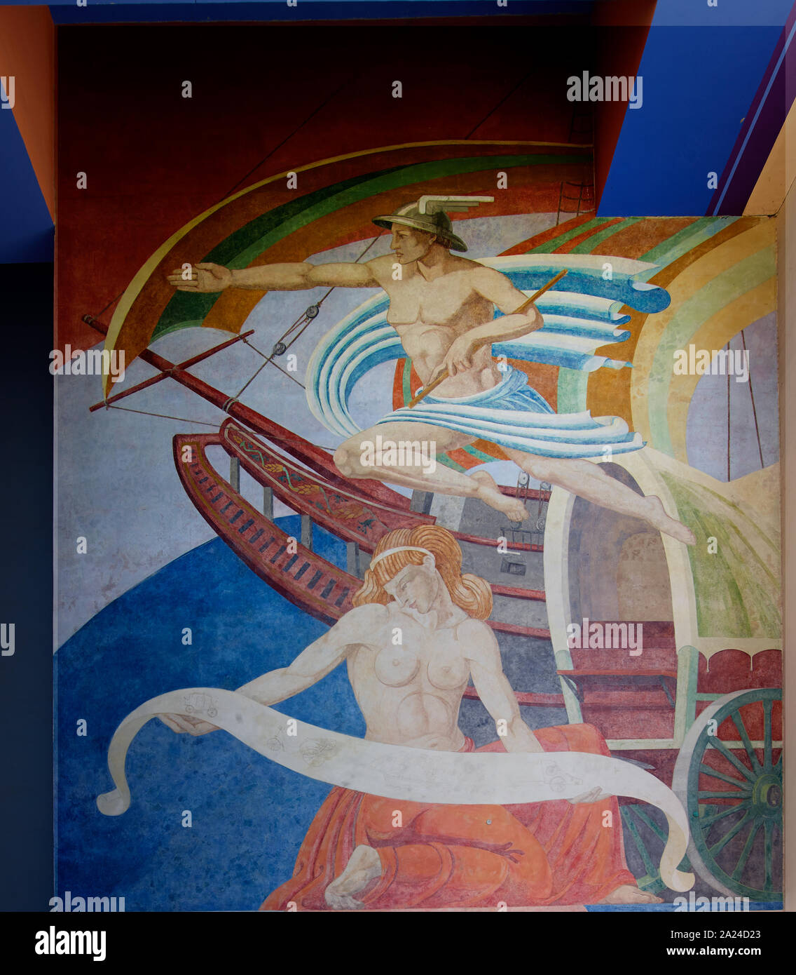 Part of a carefully restored mural, Old methods of Transportation by Carlo Ciampaglia, one of dozens at Fair Park, site of the 1936 Texas Centennial celebration and the Pan-American Exposition in 1937 in Dallas, Texas Stock Photo