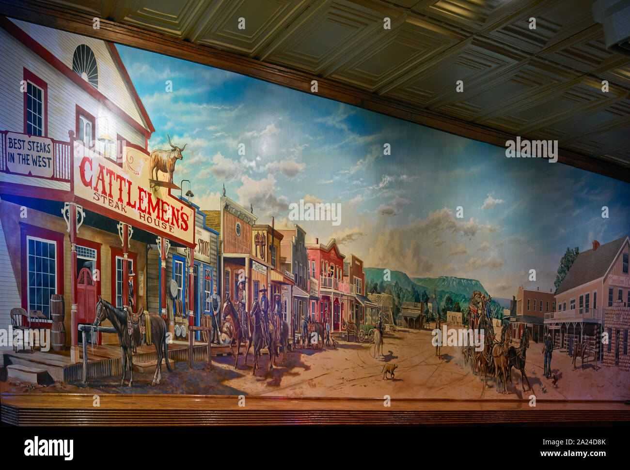 Part of a colorful westernthemed mural, one of several inside the
