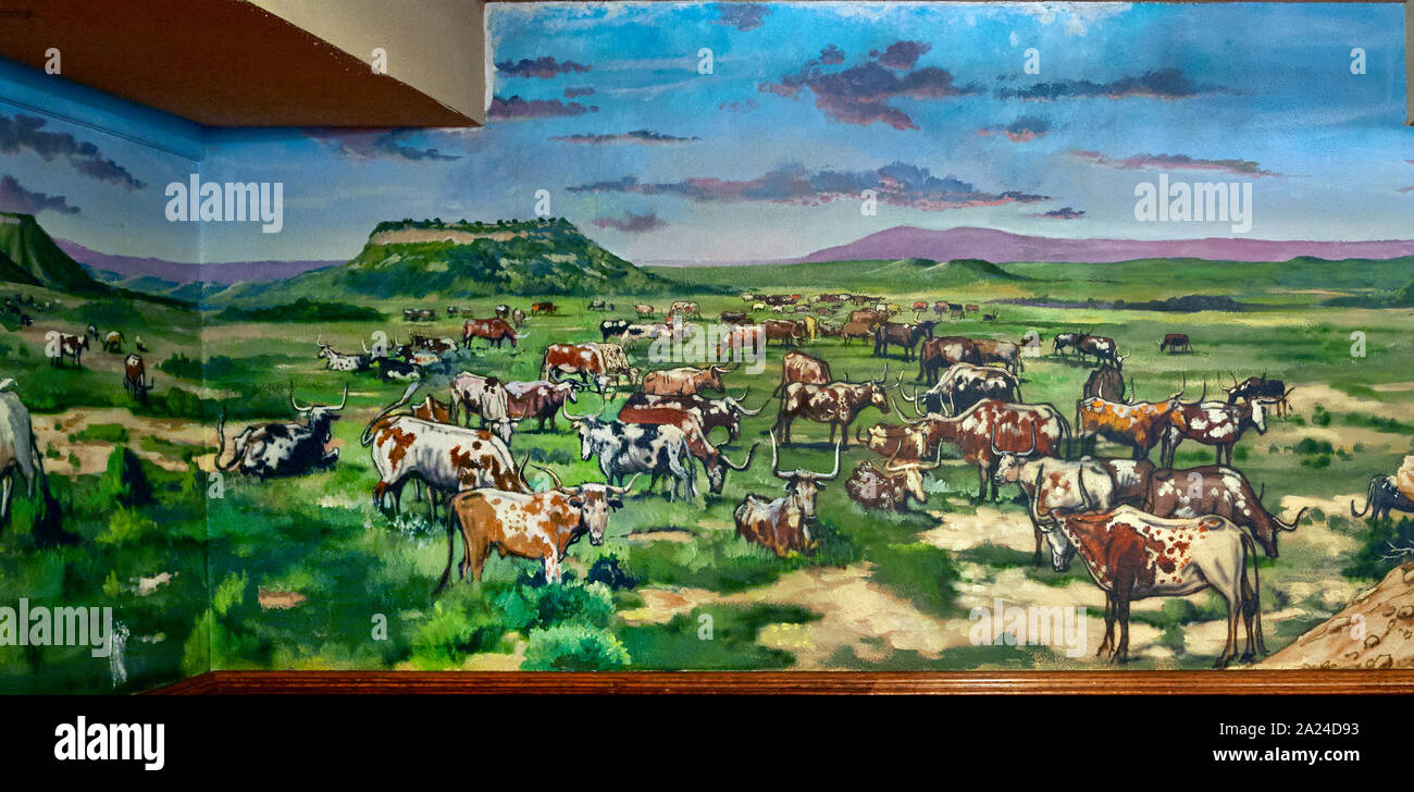 Part of a colorful westernthemed mural, one of several inside the