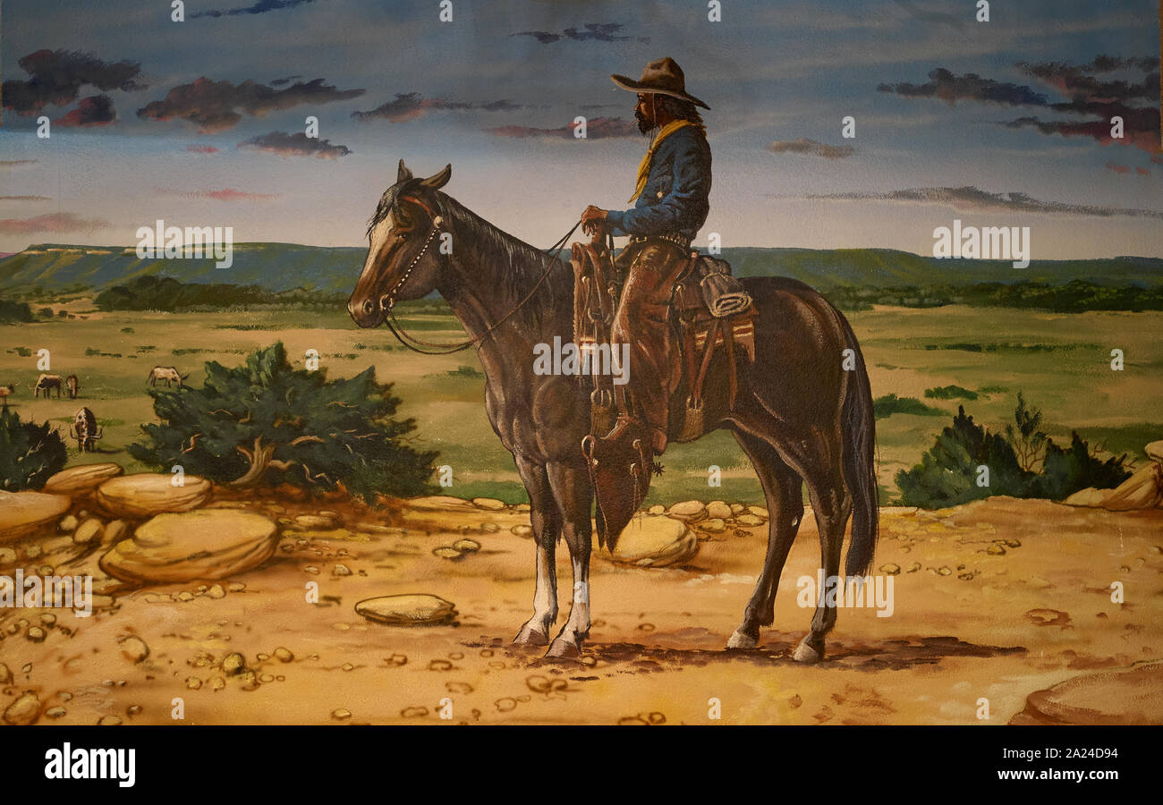Part of a colorful westernthemed mural, one of several inside the