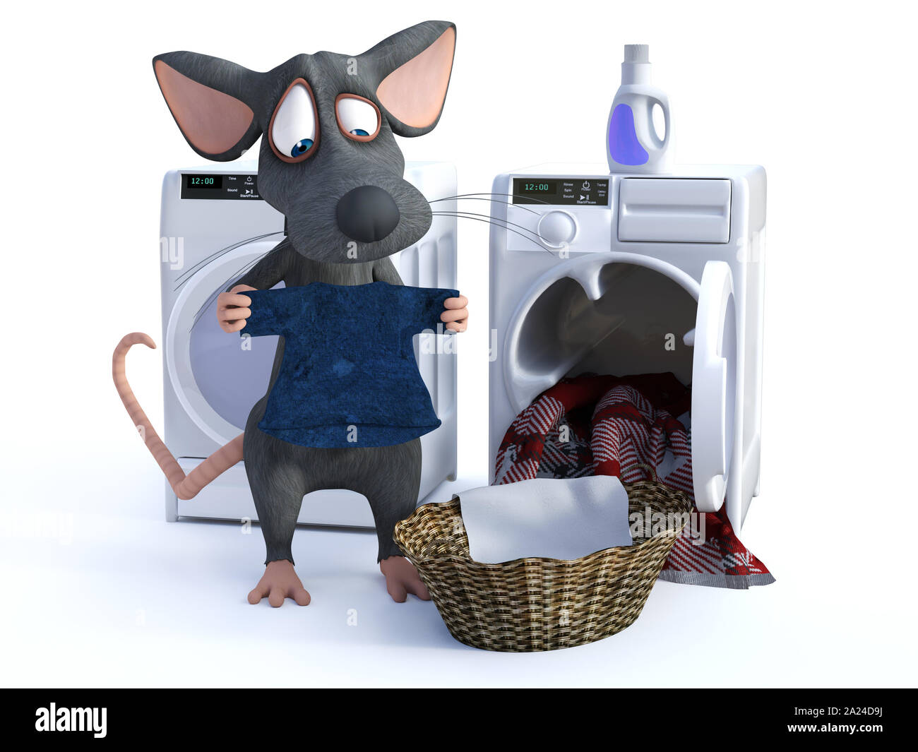 3D rendering of a cute smiling cartoon mouse putting clothes in a