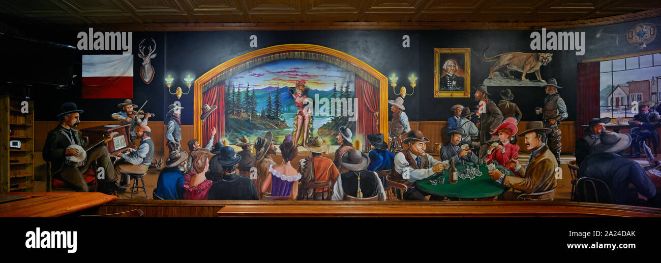Part of a colorful westernthemed mural, one of several inside the