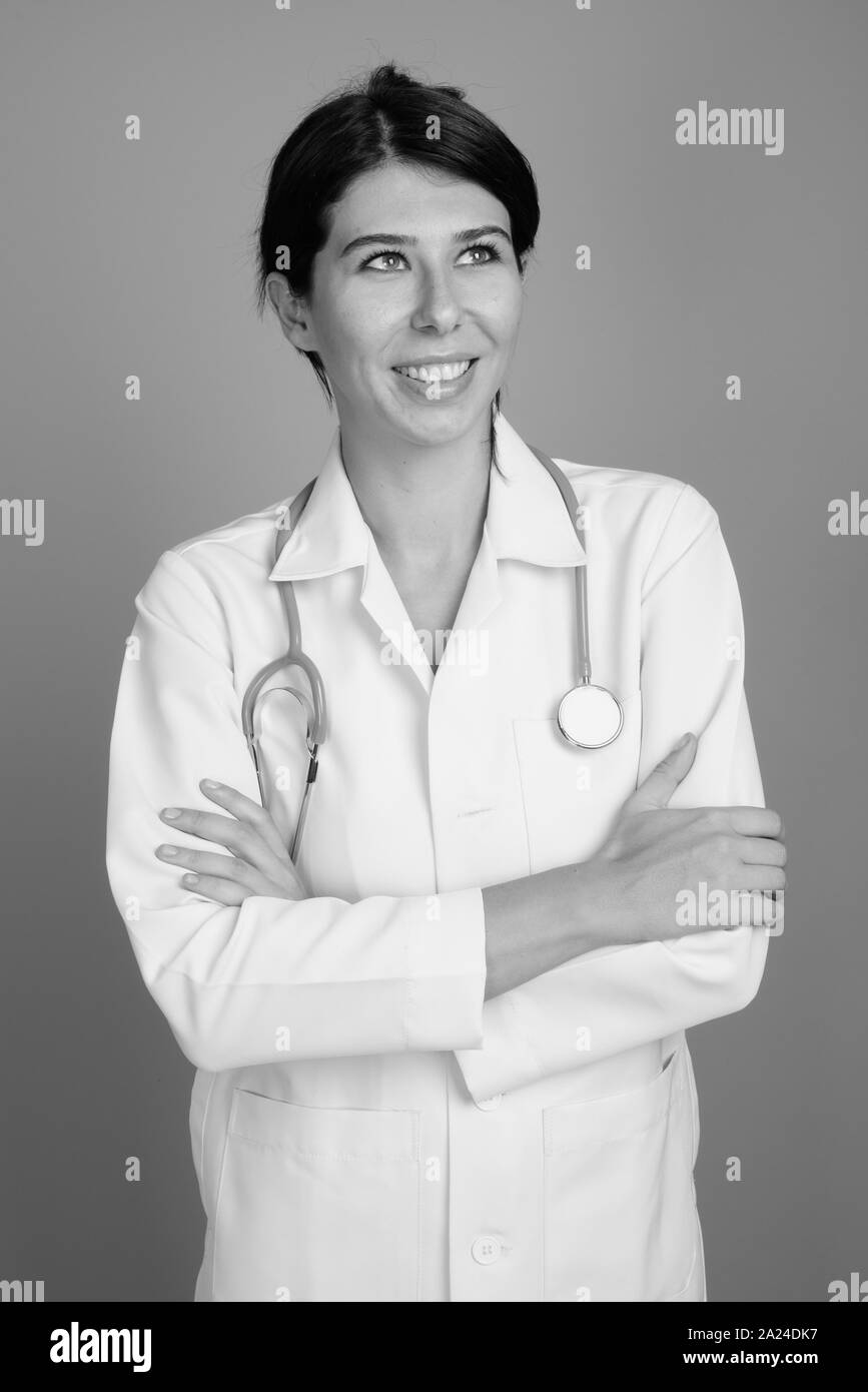 Portrait of young woman doctor shot in black and white Stock Photo - Alamy