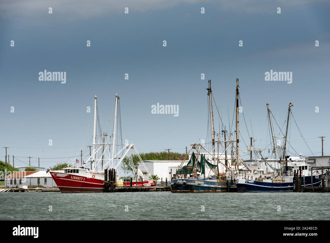 Part of the shrimp-boat fleet moored in Redfish Bay at Aransas Pass, Texas, near Corpus Christi, Texas Stock Photo