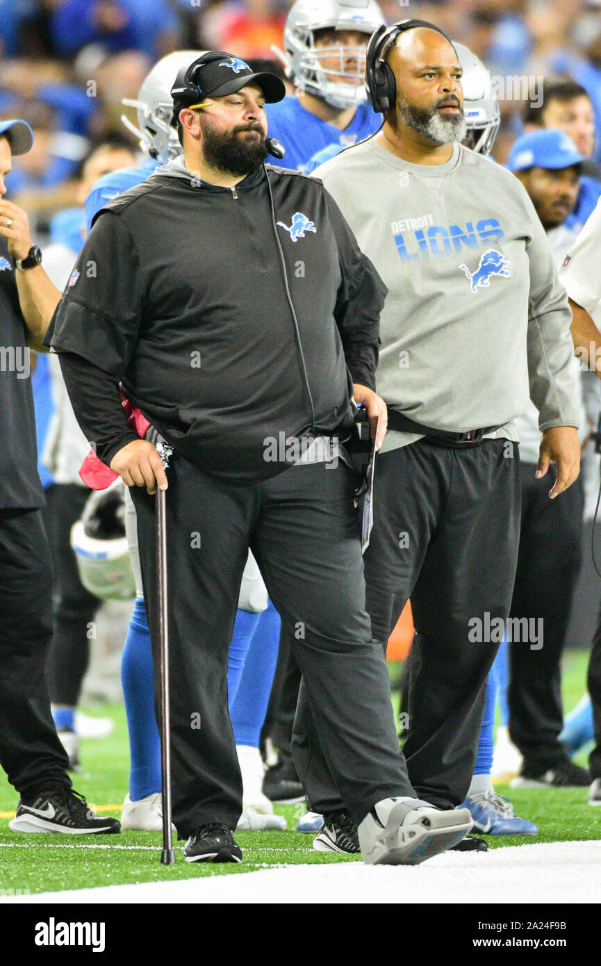 DETROIT, MI - SEPTEMBER 29: Detroit Lions head coach Matt Patricia, on the sideline, reacts to Kansas City scoring late in the NFL game between Kansas City Chiefs and Detroit Lions on September 29, 2019 at Ford Field in Detroit, MI (Photo by Allan Dranberg/Cal Sport Media) Stock Photo