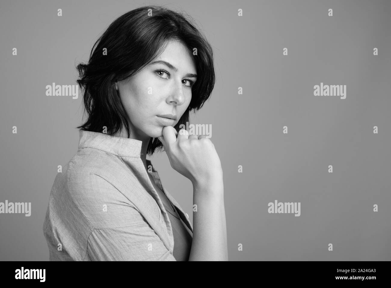 Portrait of young beautiful woman shot in black and white Stock Photo ...
