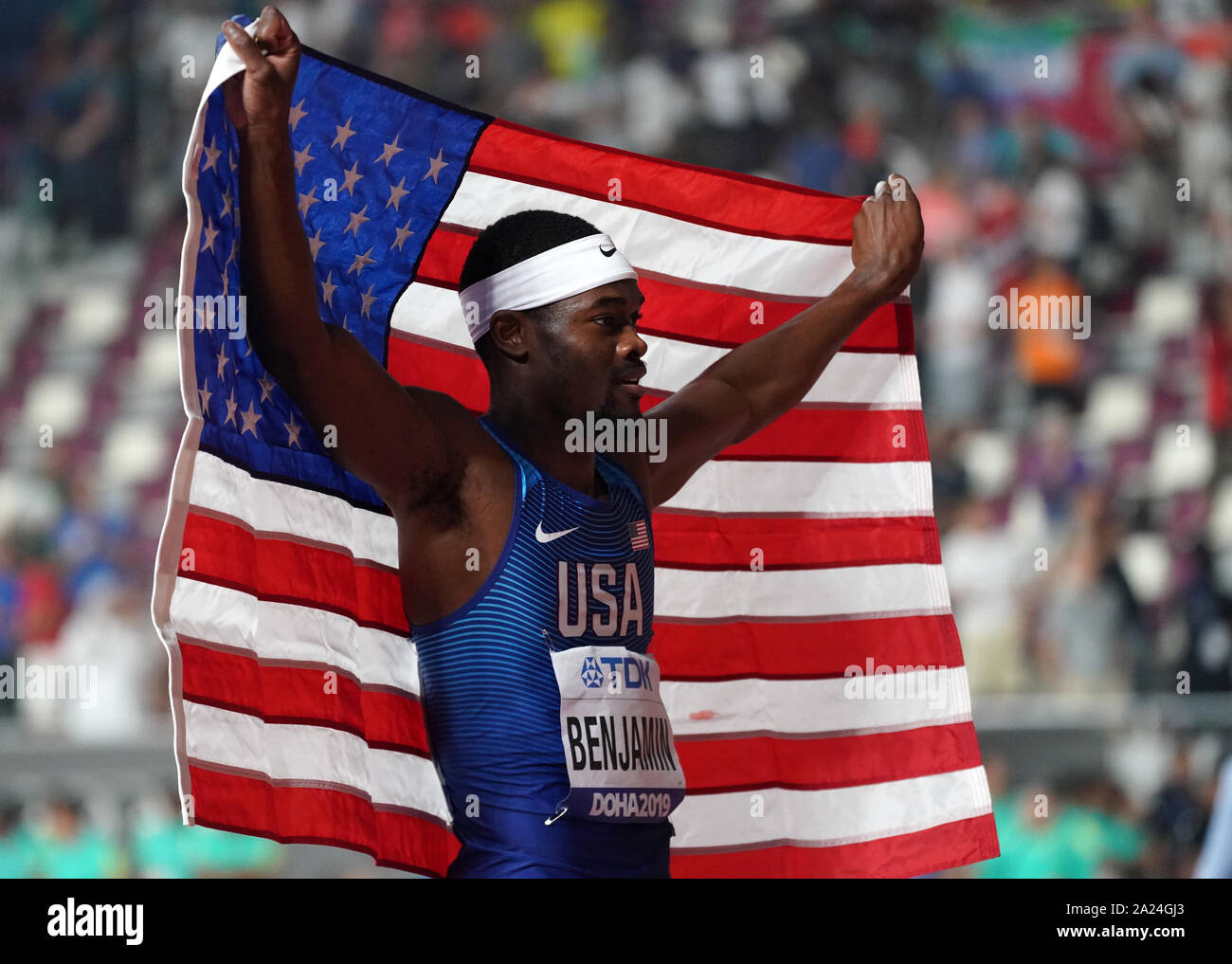 Doha, Qatar. 30th Sep, 2019. Rai Benjamin of the United States reacts
