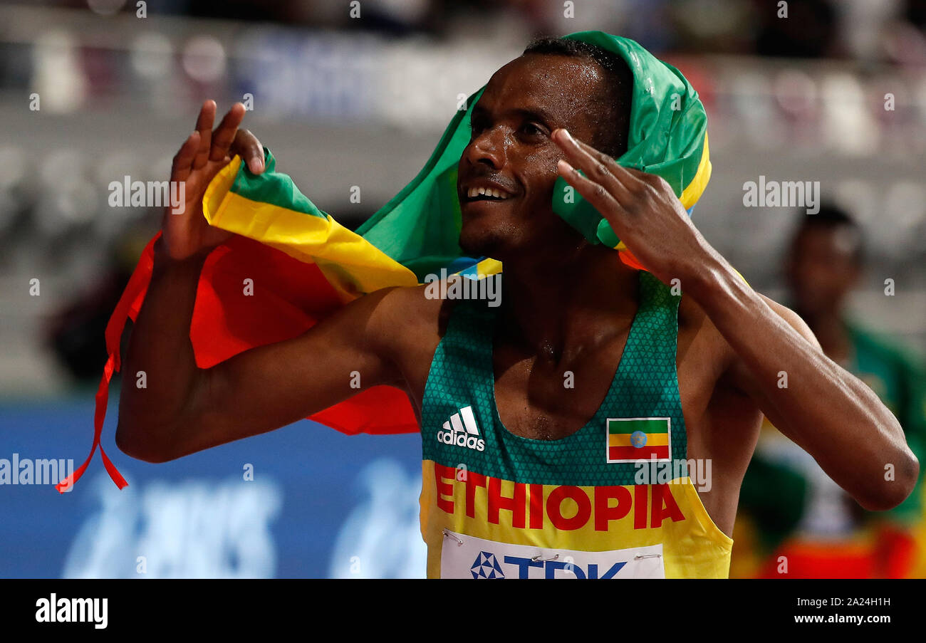 Doha, Qatar. 30th Sep, 2019. Muktar Edris of Ethiopia celebrates after the mens 5000m final at the 2019 IAAF World Championships in Doha, Qatar, Sept