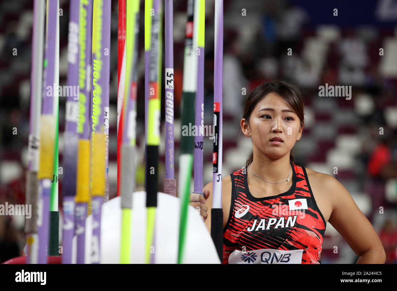 Doha, Qatar. 30th Sep, 2019. Yuka Sato of Japan reacts during the women