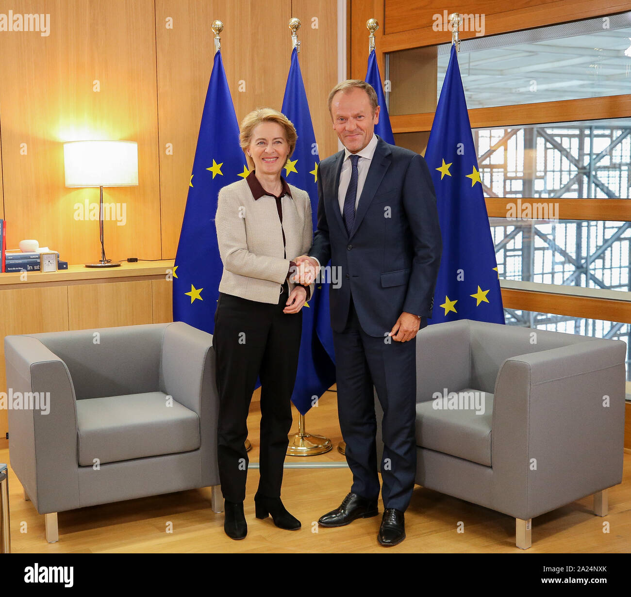 (191001) -- BRUSSELS, Oct. 1, 2019 (Xinhua) -- Donald Tusk (R), President of the European Council, meets with Ursula von der Leyen, President-elect of the European Commission, in Brussels, Belgium, Sept. 30, 2019. (Dursun Aydemir/Anadolu/Handout via Xinhua) Stock Photo