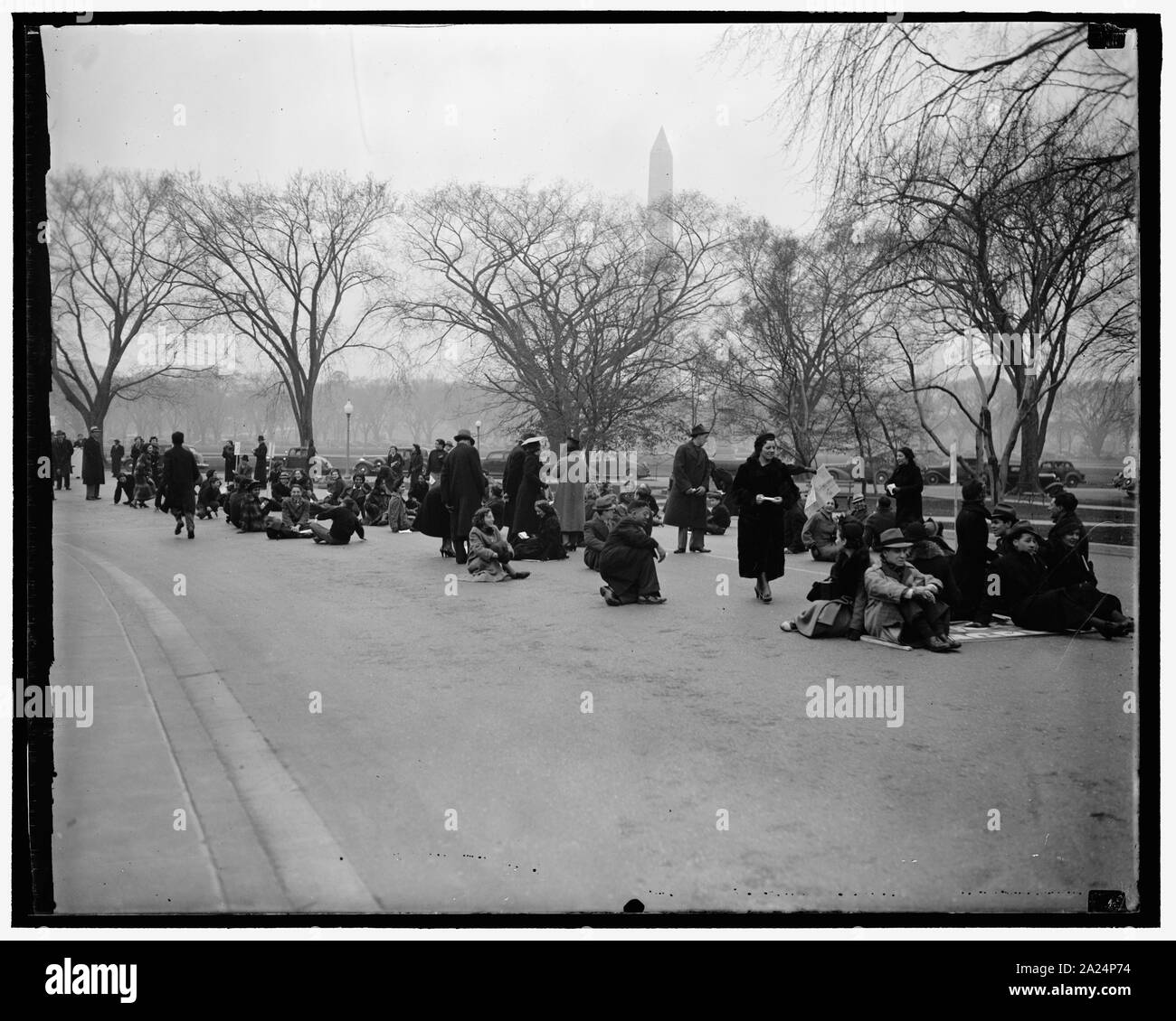 People, cherry trees; Washington Monument in background Stock Photo