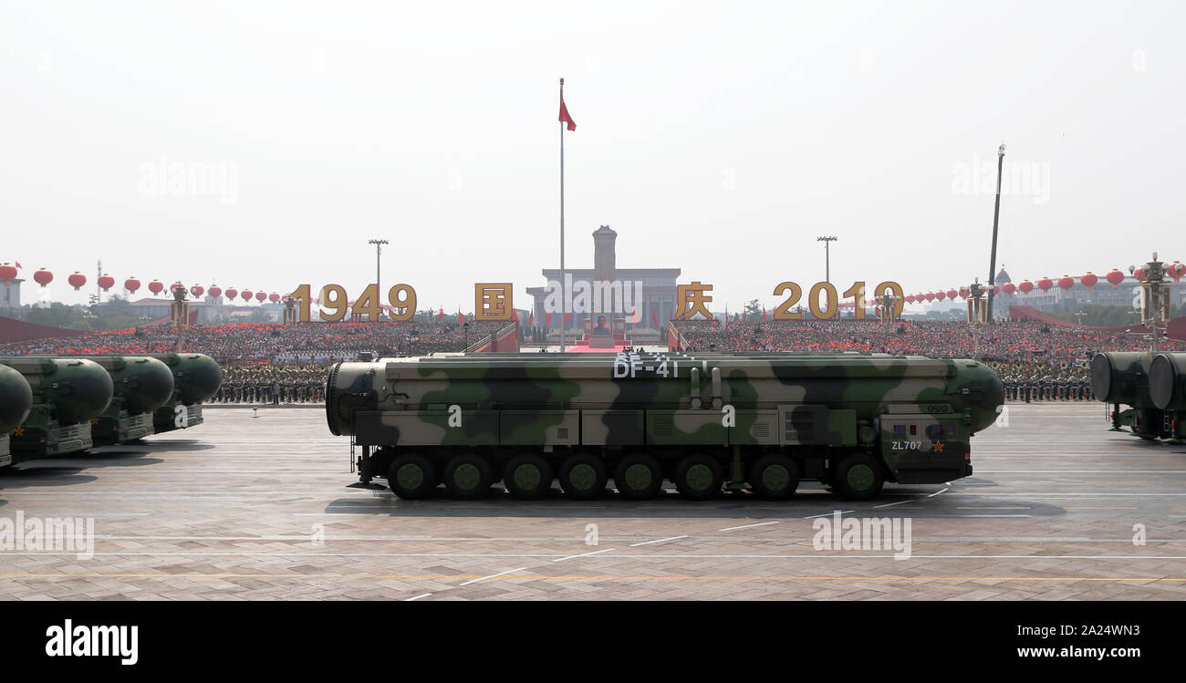 Beijing, China. 1st Oct, 2019. A formation of Dongfeng-41 intercontinental strategic nuclear missiles are reviewed in a grand military parade celebrating the 70th anniversary of the founding of the People's Republic of China in Beijing, capital of China, Oct. 1, 2019. Credit: Yuan Man/Xinhua/Alamy Live News Stock Photo