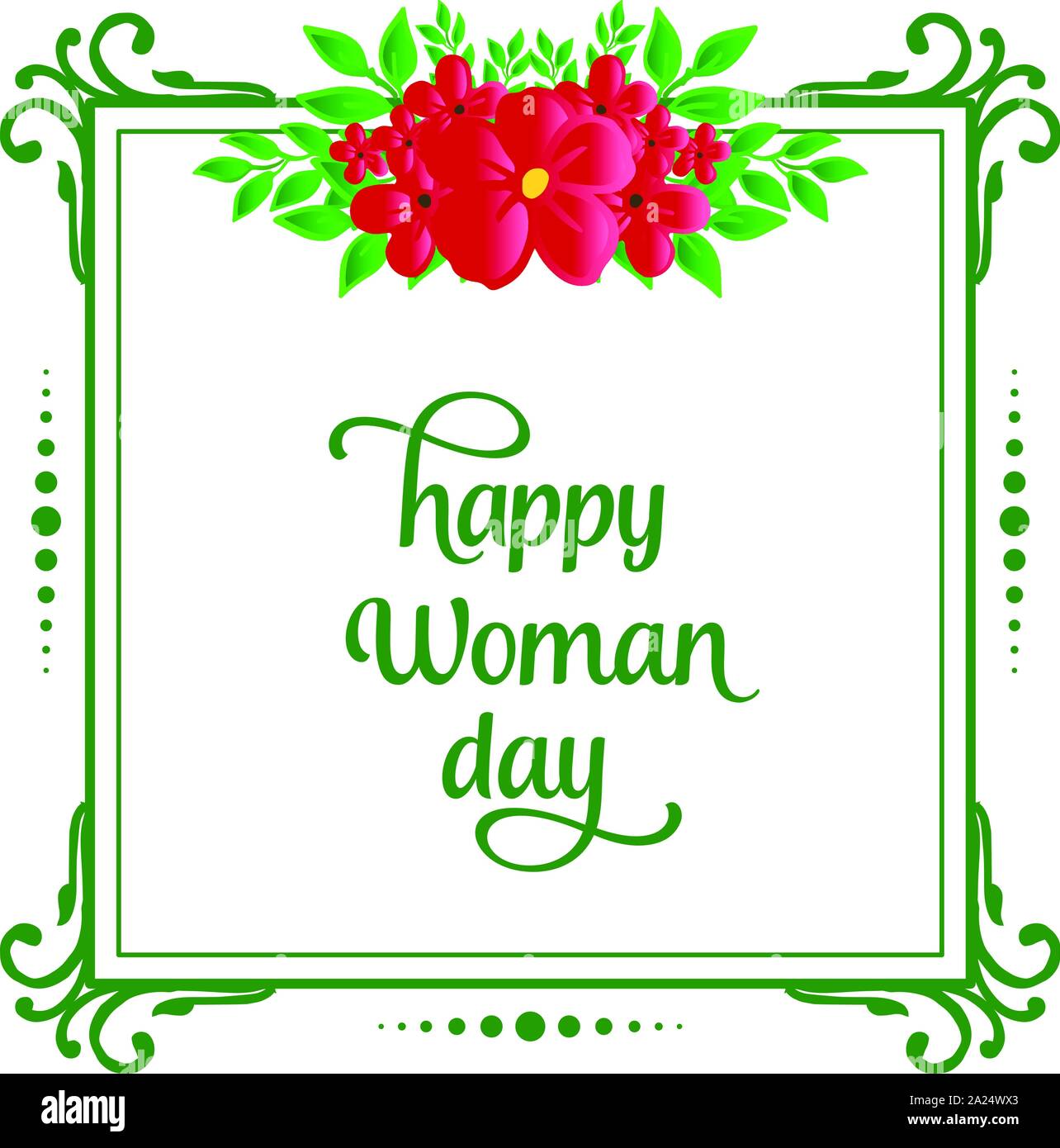 Banner calligraphic of happy woman day, with drawing of green leaf ...