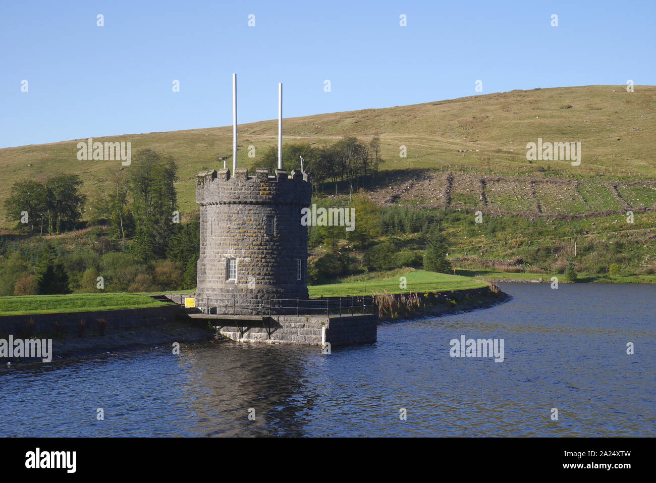 Valve tower, Llwyn On Reservoir, Brecon Beacons, Brecknockshire, South Wales, United Kingdom Stock Photo