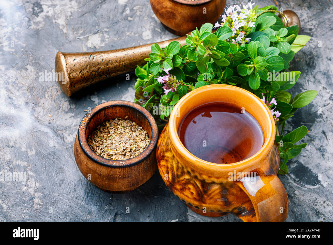 Medicinal tea from marjoram leaves.Herbal tea with oregano Stock Photo